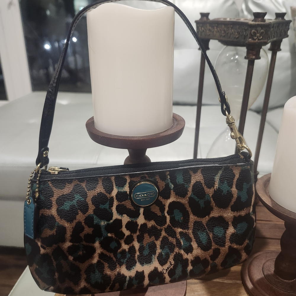 Vintage Coach Leather Leopard Print Shoulder Bag - Brown and Teal